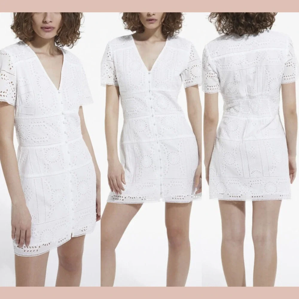 NWT The Kooples [ Size 1 ] Flower Embroidery Button Down Short Dress White #6971